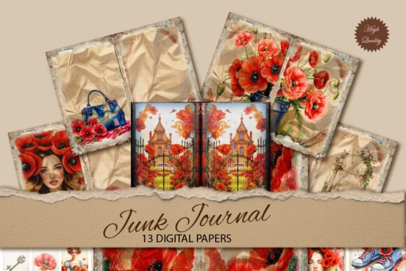 Download Vintage Poppy Watercolor Junk Journals - Poppy watercolor Collection
